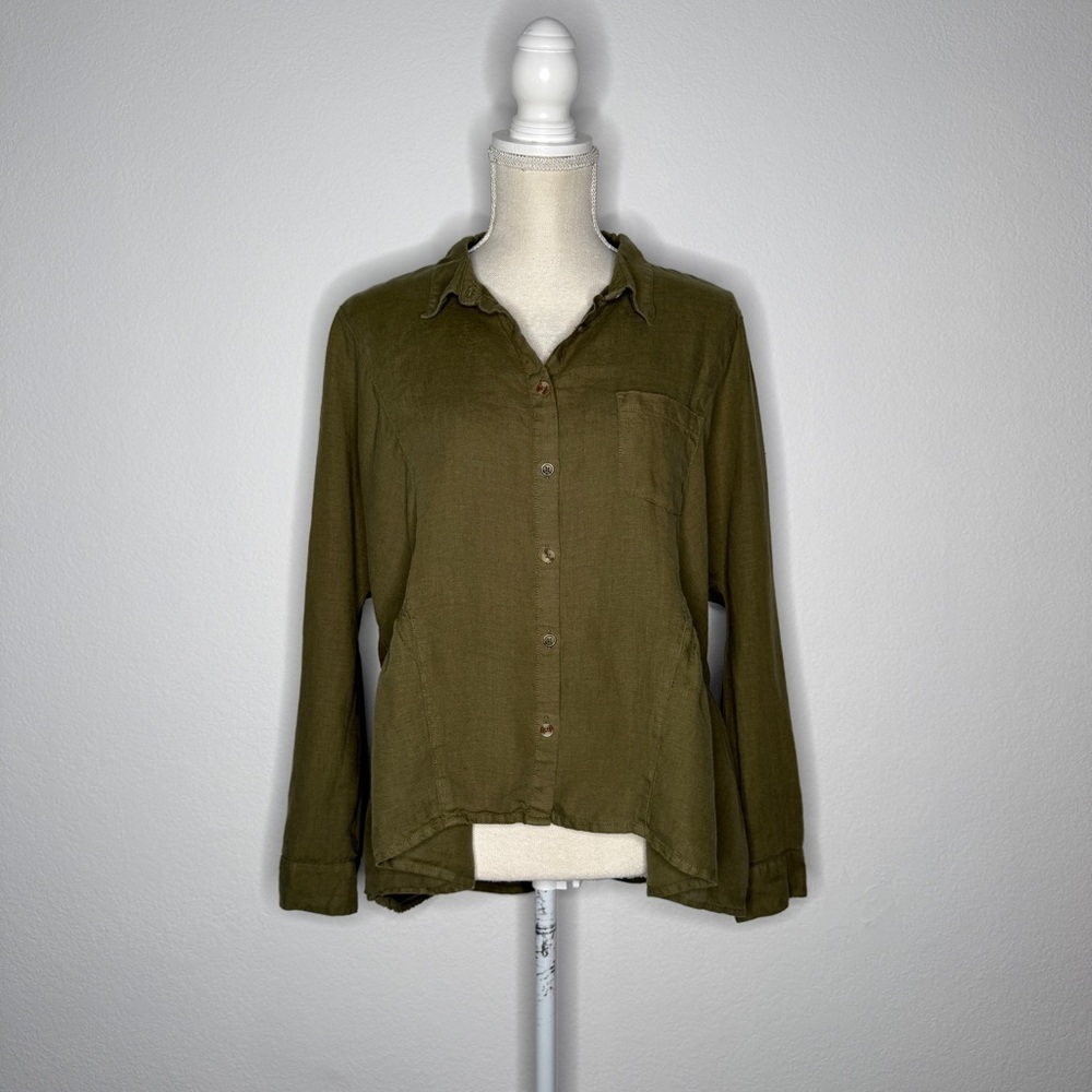 Holding Horses Green 100% Linen Button Down Shirt Batwing Sleeves Size M